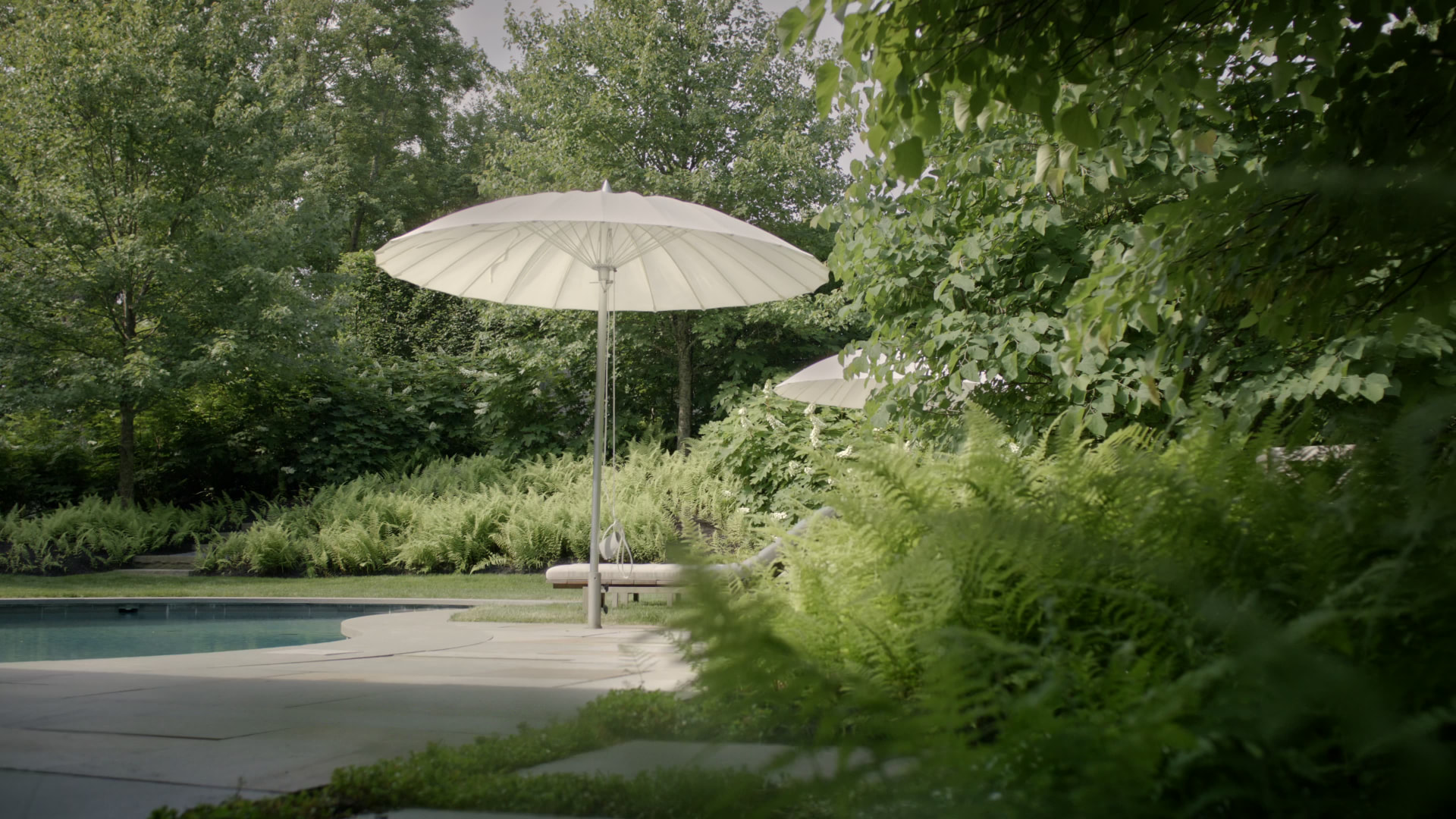 Bedford Quarry — Pool terrace with a cream parasol framed by ferns