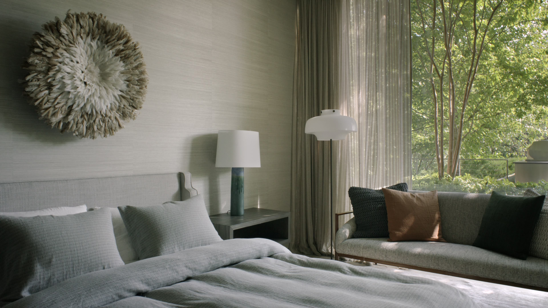 Bedford Quarry — Bedroom with grasscloth walls, feather wall piece and daybed