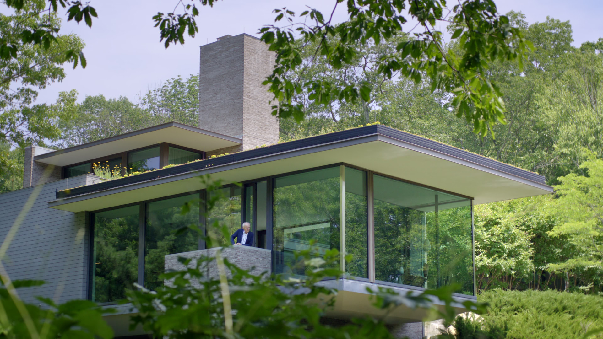 Bedford Quarry — Glass upper level of the house glimpsed through the trees